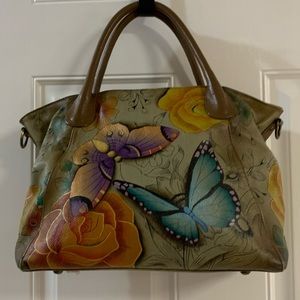 Anuschka Anna flowers/butterflies leather gray shoulder bag w/detachable strap.